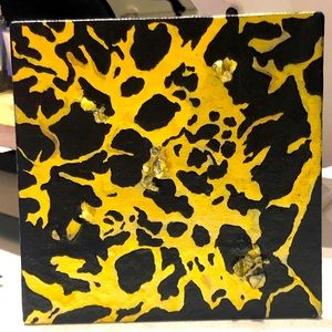 “Black & Gold Void” Art Handmade: Acrylic, Gold Foil Ink & Crystal Quartz 6”x6”
